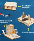 Hands On Kit For Kids Ages 8 To 12 Wood Arts And Crafts Projects For Boys And Girls Build Conductor Detector Hand Cranked Generator Electric Motor Periscope And Newtons Cradle A Cool Gift For Curious Builders showing conductor detector, hand-cranked generator, and electric motor components.