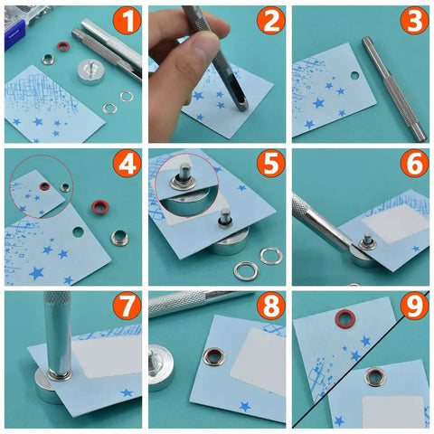 Step-by-step guide using Grommets Kit 300 Sets 1/4 Inch Metal Eyelets With Base, Punch And Install Tool Included, for crafts and clothing.