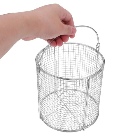 Pro Grade Stainless Steel Parts Cleaning Basket With Integrated Filtration And Liquid Recirculation For Ultrasonic Cleaning Of Precision Lab Parts And Industrial Equipment In Harsh Environments stainless mesh basket held by hand