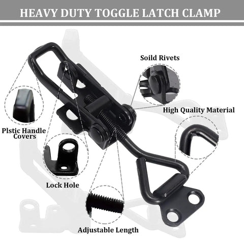 Four Pack Heavy Duty Toggle Latch Clamps 4003 Style Quick Release Hasp Locks 1320 lbs holding capacity, black metal latch details.