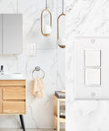 Duplex Rocker Combination Decorator Switch With Wall Plate, 15 Amp 120V Dual Light Switch, Space Saving 2 In 1 Stack Switch For Fan And Light Control, UL Listed, White, 1 Pack installed in a modern bathroom interior.