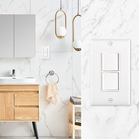 Duplex Rocker Combination Decorator Switch With Wall Plate, 15 Amp 120V Dual Light Switch, Space Saving 2 In 1 Stack Switch For Fan And Light Control, UL Listed, White, 1 Pack installed in a modern bathroom interior.