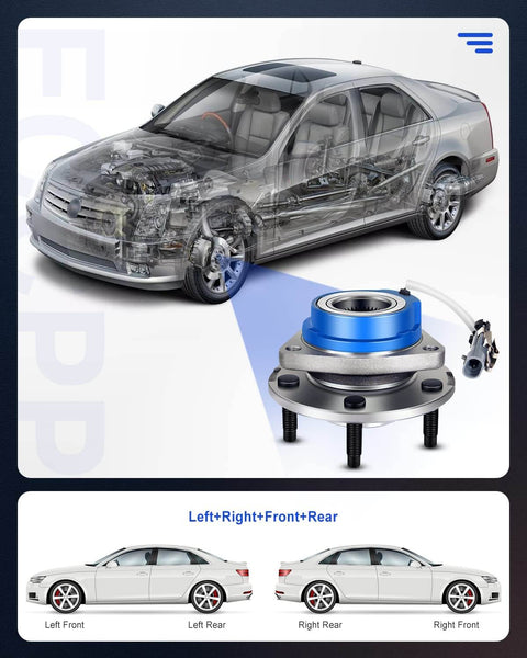 Front/Rear Wheel Hub & Bearing Assembly OE 513121 with 5-Lug ABS for Buick, Cadillac, Chevrolet models, shown alongside car diagram.