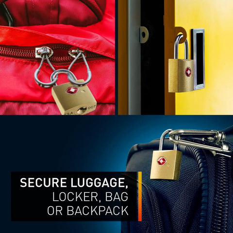 Mini Brass Square TSA Travel Lock For Luggage And Carry On, shown securing a red bag zipper, a locker, and a blue bag handle