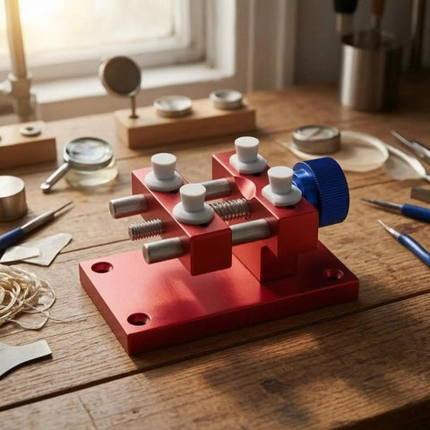 Beefy Aluminum Work Holder With Anodized Red Finish And Knurled Blue Adjustment Knob A Solid Workshop Tool For Securely Holding Parts And Precise Repairs Heavy Duty Aluminum Alloy Build For Everyday Shop Use. red aluminum work holder with blue knob on workbench
