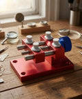 Heavy Duty Aluminum Work Holder With Sliding Clamps And Anodized Finish, Rock Solid Metal Holding Seat For Precise Parts, Adjustable Tightening Screw With Blue Knurled Knob, A Must Have Workshop Clamping Fixture on workbench