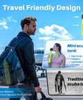 Man with backpack carrying 0.5L Mini Scuba Tank S300 Portable Diving Cylinder with Explosion Proof Safety, travel-friendly design.