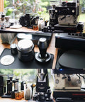 Espresso Tamping Mat With Portafilter Dock, Food Grade Silicone Coffee Tamper Mat on cafe countertop with espresso machine