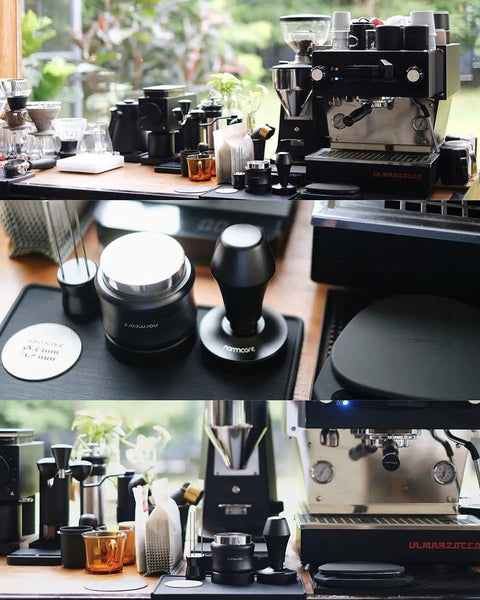 Espresso Tamping Mat With Portafilter Dock, Food Grade Silicone Coffee Tamper Mat on cafe countertop with espresso machine