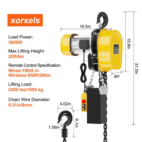 Heavy One Ton Electric Chain Hoist Delivering Two Thousand Two Hundred Pounds Of Serious Lifting Power With Twenty Foot Vertical Rise On One Hundred Ten Volt Single Phase Circuit Featuring A Killer Three Twenty Eight Foot Wireless Remote For No Sweat Day, showcasing dimensions and specifications.