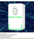 3 Pack Energy Saving Electricity Device With Smart Voltage Stabilizer Surge Protector and Power Saver Tech, white plug with green accent.