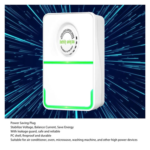 3 Pack Energy Saving Electricity Device With Smart Voltage Stabilizer Surge Protector and Power Saver Tech, white plug with green accent.