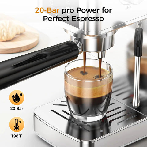 20 Bar Espresso Machine Stainless Steel With LED Display And Steam Milk Frother For Cappuccino Latte And Espresso At Home