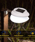 Solar Powered Gutter Lights 6 Pack With 9 LEDs Outdoor Fence Lights mounted on pole at night, highlighting solar panel on top.
