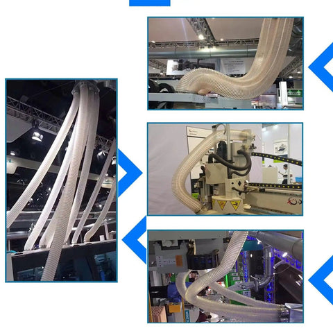 Heavy Duty Workhorse Air Duct Hose For Woodworking Dust Collection Debris Management With Reinforced Steel Wire Core For Kink Free Flex Flow And Rock Solid Shop Performance Three Point Three Feet Long One Point Five Inch Diameter showing curved installation in woodshop setup.