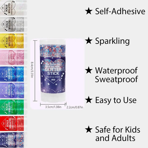 Patriotic Red White and Blue Glitter Stick for 4th of July Outfits and Independence Day Festivities shown with size and features