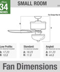 Diagram of 34 Inch Watson Ceiling Fan With LED Light Kit In Snow White Finish detailing fan dimensions for different profiles.