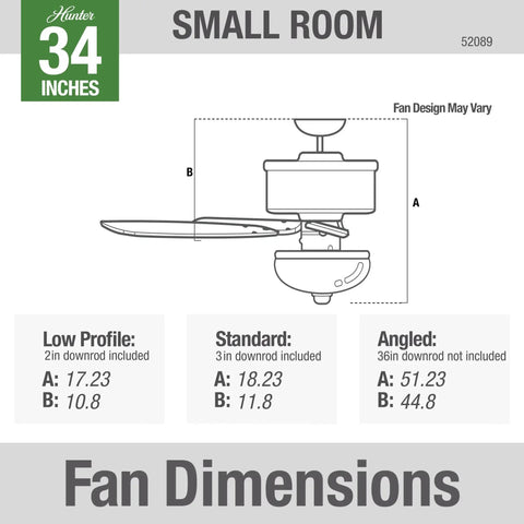 Diagram of 34 Inch Watson Ceiling Fan With LED Light Kit In Snow White Finish detailing fan dimensions for different profiles.