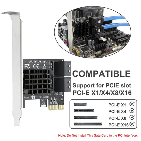 Four Port SATA 3 Gbps PCIe Expansion Card With Cables And Low Profile Bracket Non Raid Bootable System Disk Ready Gives 6Gbps Storage For Desktop PC And Workstation installed in PCI-E x1/x4/x8/x16 slot
