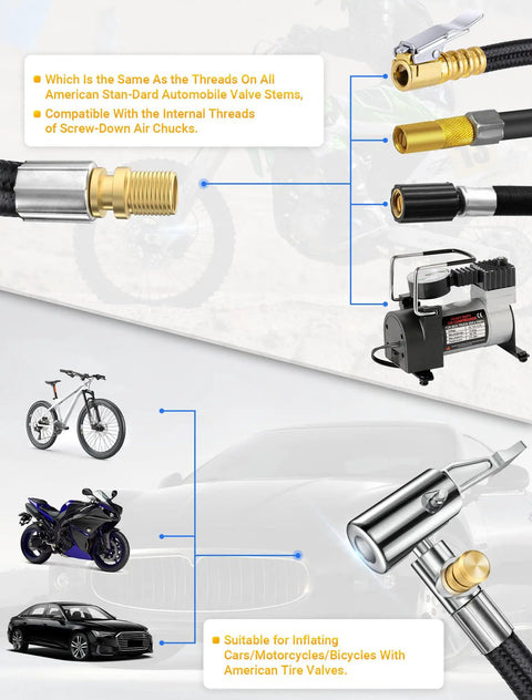 Various components of 20 Inch Tire Inflator Hose Adapter With Self Locking Air Chuck Schrader And Presta Valve Compatibility.