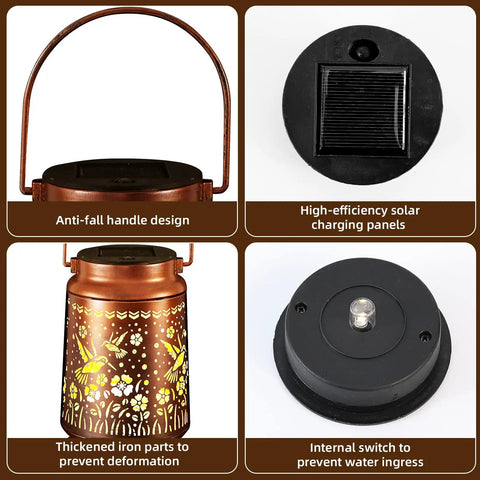 Outdoor Solar Lanterns Waterproof Weatherproof Metal Hummingbird Garden Decor with features and close-up of solar panels