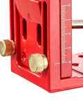 Close-up of Solid As A Rock Aluminum Pocket Hole Jig With No Sweat Setup for Custom Furniture and Cabinet Build adjustable depth knobs.
