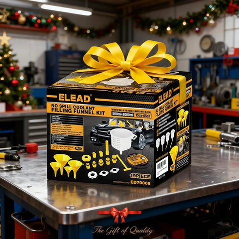 Shop Grade No Drip Coolant Funnel Kit With 19 Universal Radiator Burping And Bleeder Tools displayed in a workshop setting.