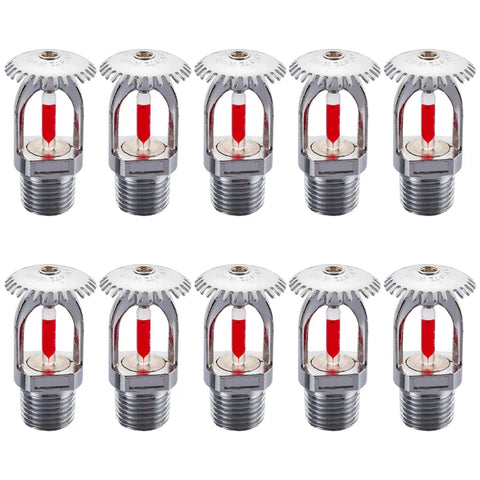 10 Pack Copper Fire Sprinkler Heads 155 Degree Activation Half Inch Thread Vertical Spray Dang Solid Build With Killer Coverage For Residential And Shop Use, close-up view of sprinkler heads.