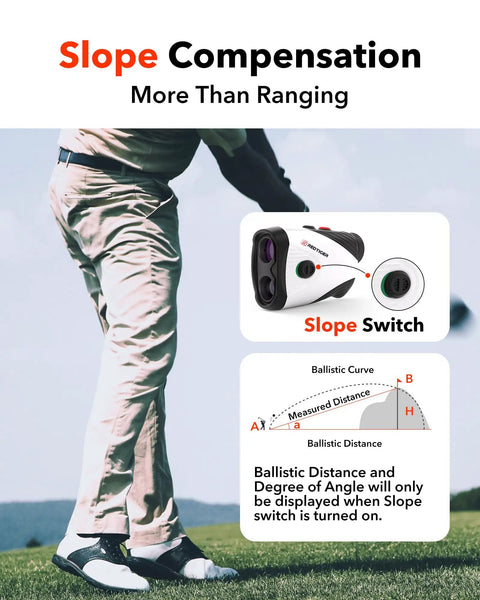 Golfer using Golf Rangefinder With Slope Switch And Magnetic Mount For Easy Yard Reads, 1200 Yard Range, product diagram shown