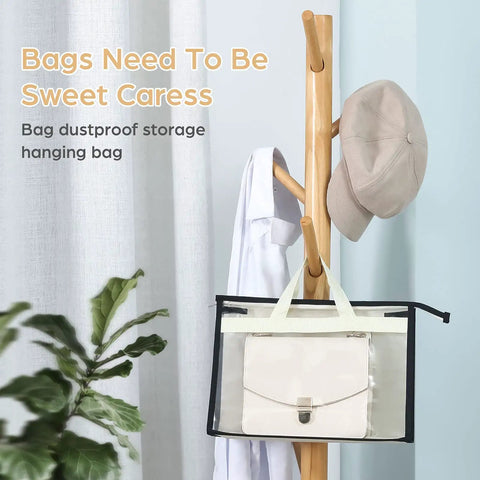Hanging see-through pouch with white handbag, part of Nine Pack Clear Dust Bags For Handbags See Through Purse Storage Organizer.