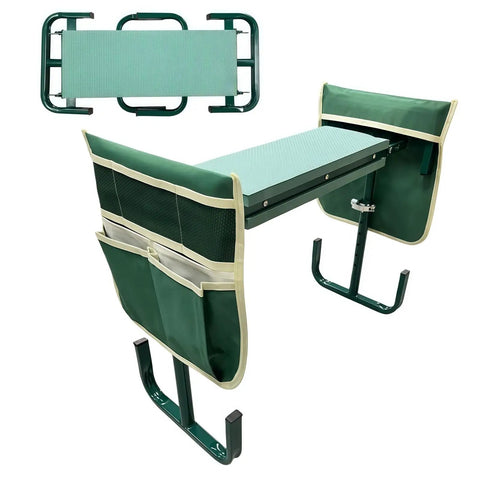 Adjustable Garden Kneeler Bench Folding Seat With 400 Lb Capacity Dual Function Stool shown with tool pouches in green color