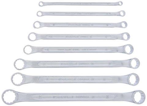 Eight Piece Double Ended Ring Wrench Set 6mm By 7mm To 20mm By 22mm With 10 Degree Shallow Offset Chrome Alloy Steel Chrome Plated