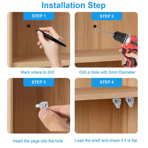 Installation steps for Legit Clear Cabinet Shelf Pegs Precision Cut For 5mm Holes Solid Plastic Shelf Support Pins with tools.
