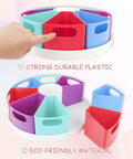 Lazy Susan Art Supply Caddy With Nine Handy Compartments Built For Student Desks And Classrooms Slick Spin Craft Markers Crayons And Pencil Holder, colorful plastic compartments with a hand pointing.