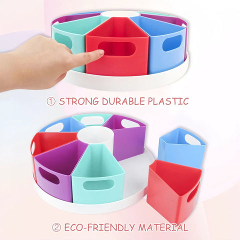 Lazy Susan Art Supply Caddy With Nine Handy Compartments Built For Student Desks And Classrooms Slick Spin Craft Markers Crayons And Pencil Holder, colorful plastic compartments with a hand pointing.