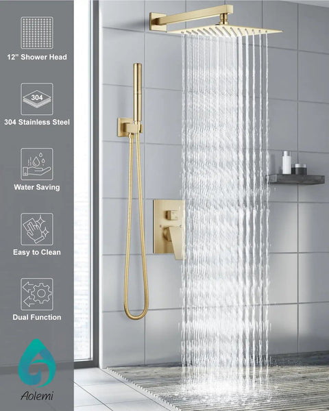 Big Splash 12 Inch Brushed Gold Shower System With Square Rainfall Head And Handy Handheld Sprayer Delivering Killer High Pressure Water Flow Even In Weak Lines Because It Just Hits Different