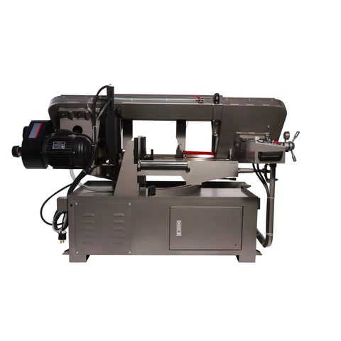 Heavy-Duty 12 X 20 Inch Semi-Auto Variable-Speed Mitering Bandsaw With 3 HP 230 460V Three-Phase Power Guarded Blade Auto Breakage Sensor Coolant Pump Self-Propelled Blade Brush Swing-Away Arm And Auto Bow Raise