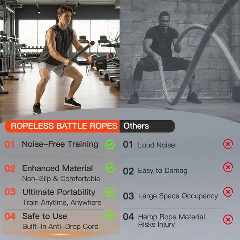 Comparison of Ropeless Battle Ropes For Home Gym 2 Pack Quiet Cordless Ropes and traditional ropes with benefits highlighted.