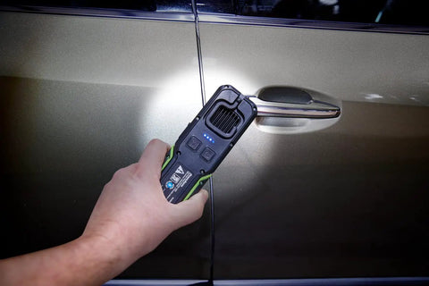 Rechargeable LED Color Match Inspection Light, 500 Lumen, CRI 95, illuminating a car door for paint inspection