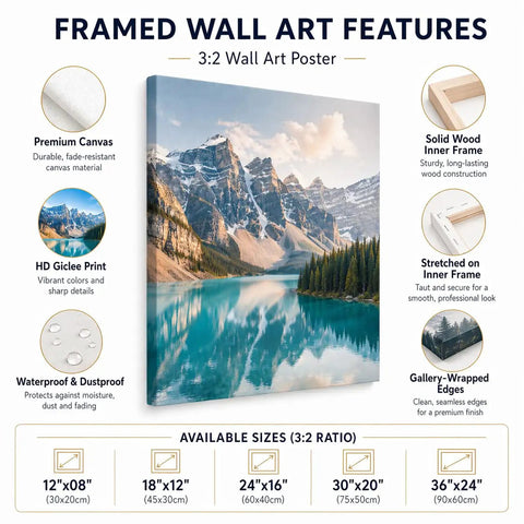 Illustrated features of a 3:2 ratio framed wall art poster with mountain and lake scene, premium canvas, and solid wood frame.