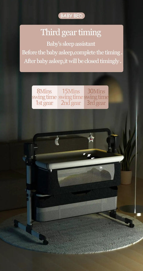 Smart Electric Baby Bedside Crib And Bluetooth Bassinet For Room Sharing With Automated Remote Control Smooth Swaying Motion And Built In Lullabies For A No Sweat Parenting Vibe Pink displaying third gear timing settings.