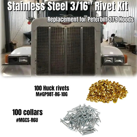 Image of a truck and stainless steel three sixteenth inch rivet kit with Huck rivets and collar for hood replacement durable truck hardware for heavy duty hoods corrosion resistant OEM style fit and easy install.