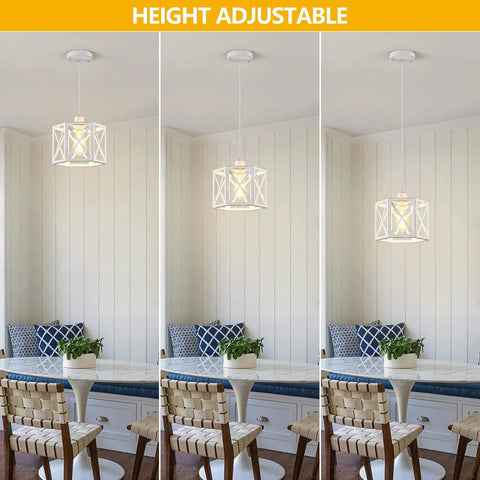 Farmhouse Pendant Lights 2 Pack With Rustic Distressed White Wood And Matte Black Metal Cage Adjustable Mini Pendant Lamps shown at varying heights in dining area.