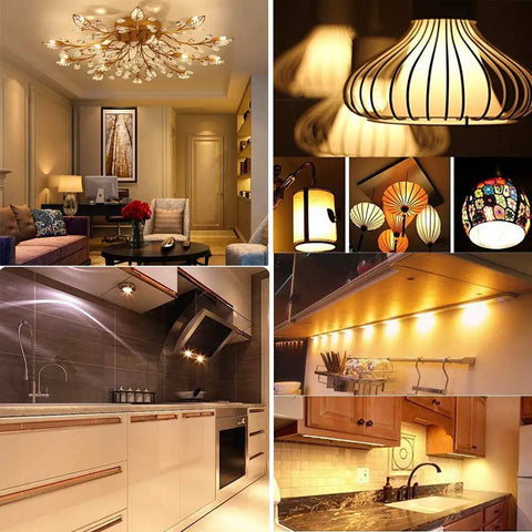 Various home lighting setups showcasing warm ambiance, featuring decorative fixtures and under-cabinet lights in a modern setting.