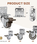 Product size chart of 1 Inch L Shape Caster Wheels Set Of 4 Heavy Duty Swivel Side Mount Casters With Brakes, showing dimensions.
