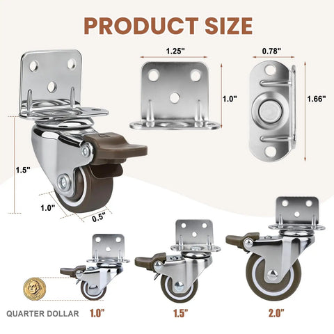 1 Inch L Shaped Swivel Caster Wheels With Side Plate Mount Brakes Non Marking Rubber Heavy Duty Replacement Set Of 4 size chart