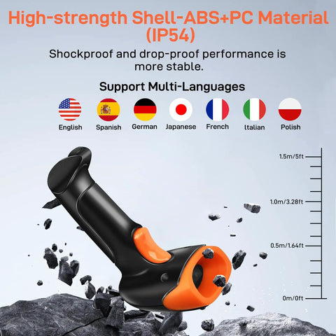 Wireless Bluetooth Barcode Scanner Handheld 2D 1D QR Reader With 800x600 CMOS Sensor shown with durable ABS+PC shell