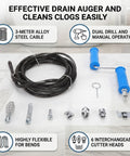 Heavy Duty Steel Drain Snake Auger Smashing Through Stubborn Bathroom And Kitchen Buildup Extends To Ten Meters Clears Sink And Tub Without Breaking A Sweat Guaranteed with flexible 3m alloy steel cable and cutter heads.
