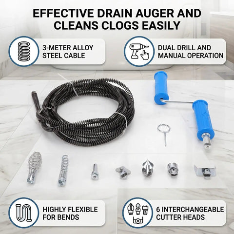 Heavy Duty Steel Drain Snake Auger Smashing Through Stubborn Bathroom And Kitchen Buildup Extends To Ten Meters Clears Sink And Tub Without Breaking A Sweat Guaranteed with flexible 3m alloy steel cable and cutter heads.