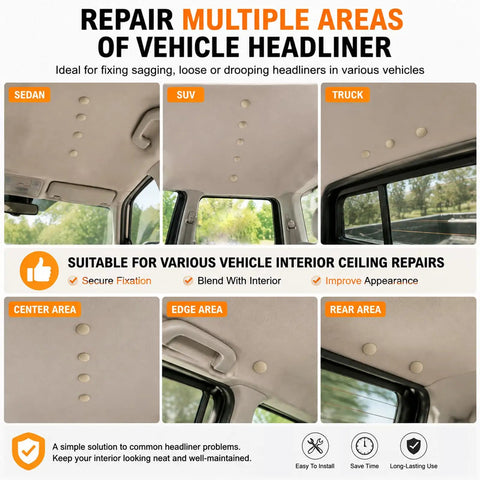 15 Pack Car Headliner Repair Kit With 42 Pcs Roof Liner Clips And Screws Sagging Headliner Fix No Fuss Do It Yourself Vehicle Interior Repair Accessories With Installation Tool, shown in sedan SUV and truck headliners